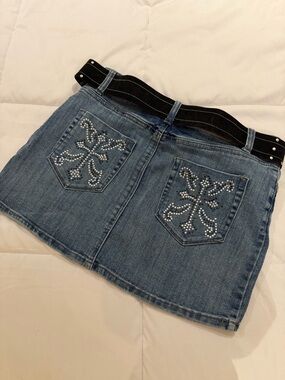 Y2K Bubblegum Blue Denim Mini Skirt with Stud Embellished Back Pockets